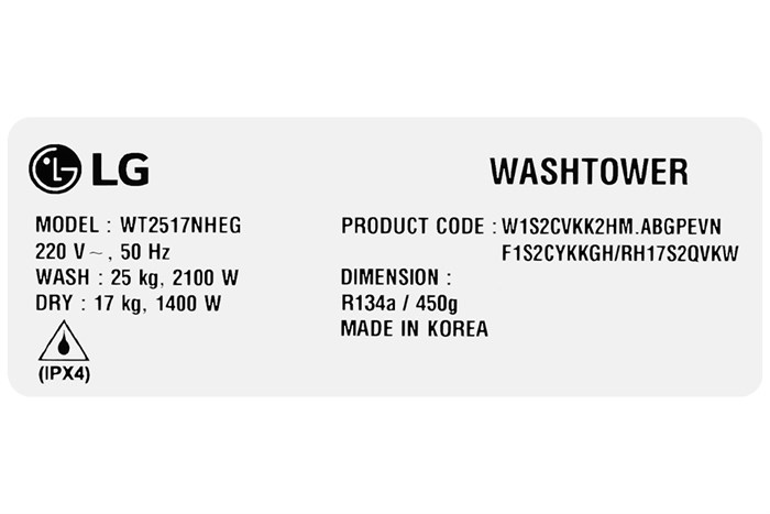 Tháp giặt sấy LG Inverter giặt 25 kg - sấy 17 kg WT2517NHEG